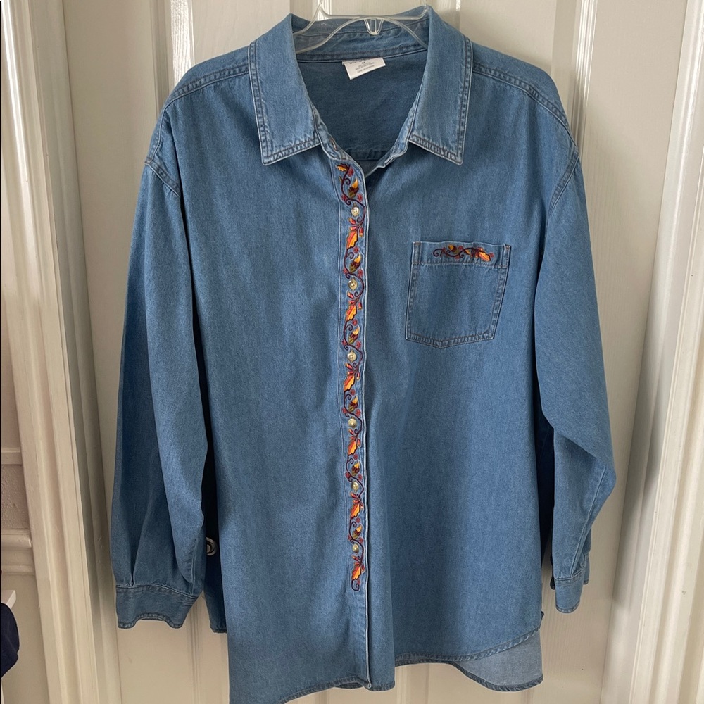 Fall Embroidery on a Denim Blouse